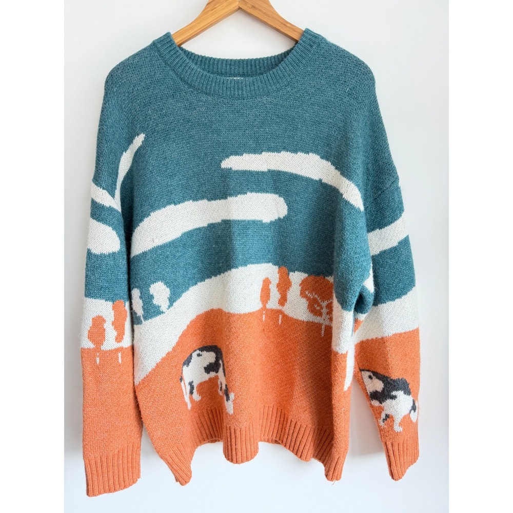 Aelfric Eden Women's Cow Landscape Sweater Knit Oversized Cottagecore Farmcore L